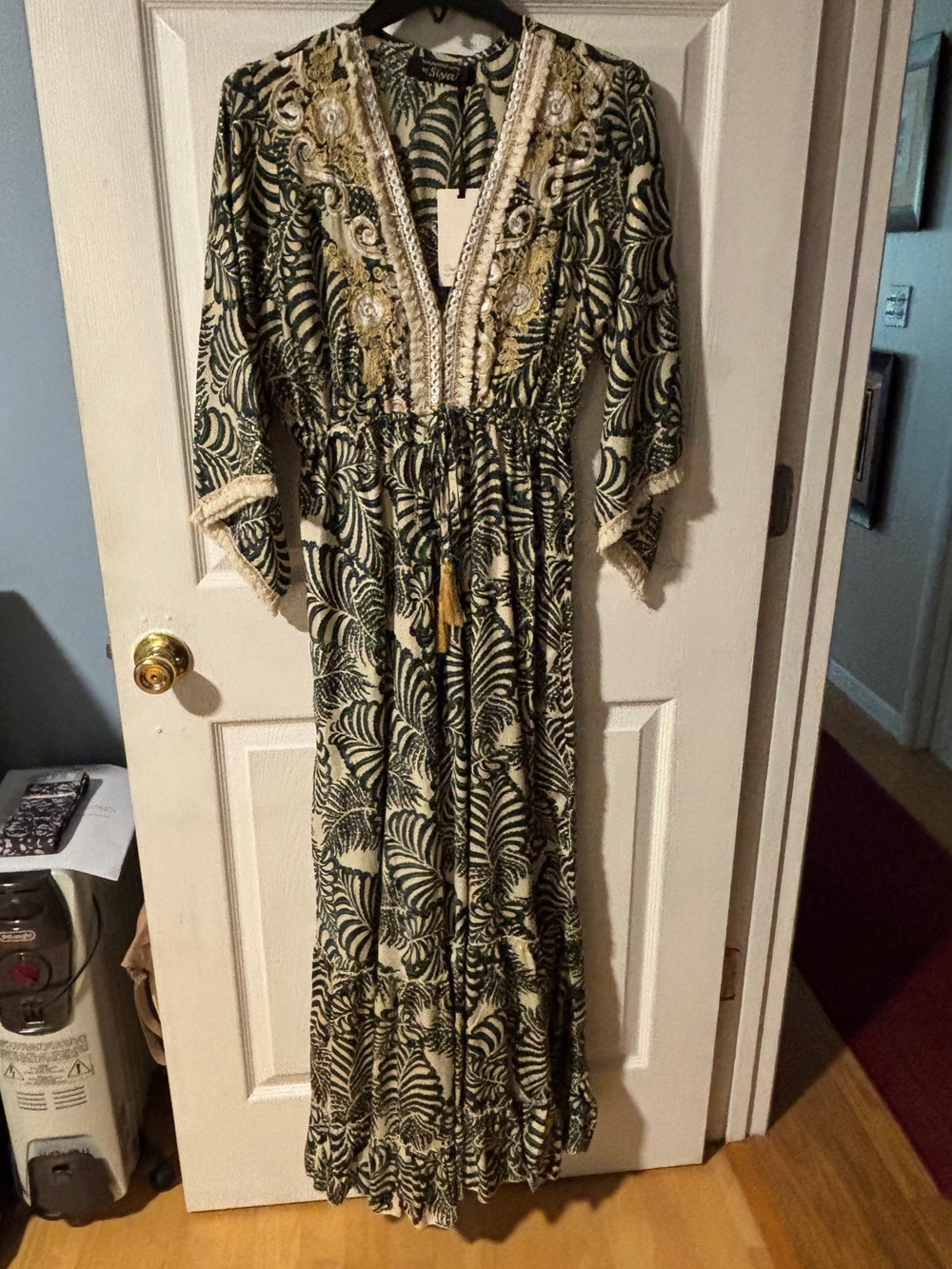 Siya Embroidered Embellished Green & Cream Cotton Maxi Dress with Tassel Tie OS